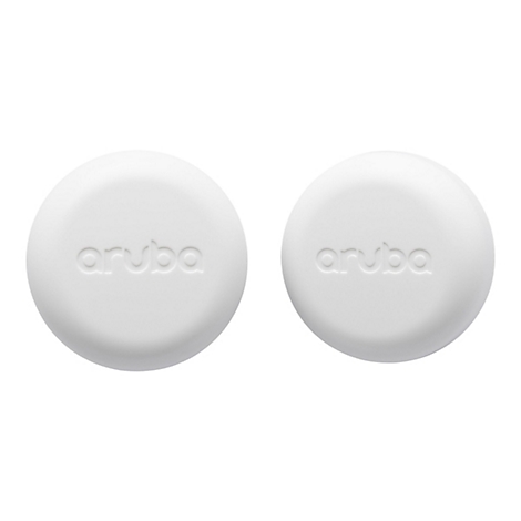 Zwei weiße, runde Geräte mit geprägtem "aruba"-Schriftzug auf weißem Hintergrund.