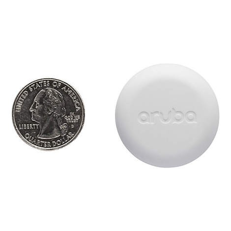 Rechteckiger, weißer Aruba-Knopf neben einer Vierteldollarmünze zum Größenvergleich. Auf dem Knopf steht "aruba".