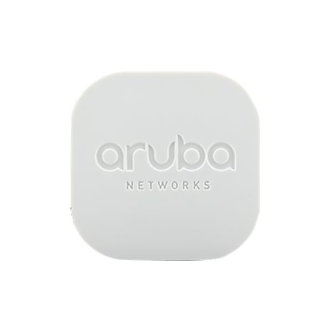 Hellgraues, abgerundetes Quadrat mit eingeprägtem 'aruba networks' Logo. Draufsicht.