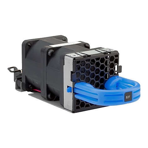 Ein schwarzer Lüfter mit sechseckigem Gitter und blauem Griff. Auf dem Griff steht 'B2F'.