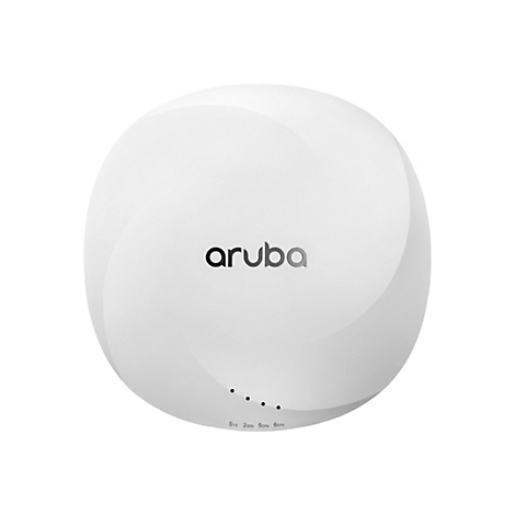 Runder, weißer Access Point mit dem Logo "aruba". Unterhalb des Logos befinden sich vier kleine, schwarze Punkte und Schriftzüge: Sys, 2GHz, 5GHz, 6GHz.
