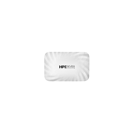 Weißes, rechteckiges Gerät mit abgerundeten Ecken. Oben mittig das Logo: HPE Aruba Networking.