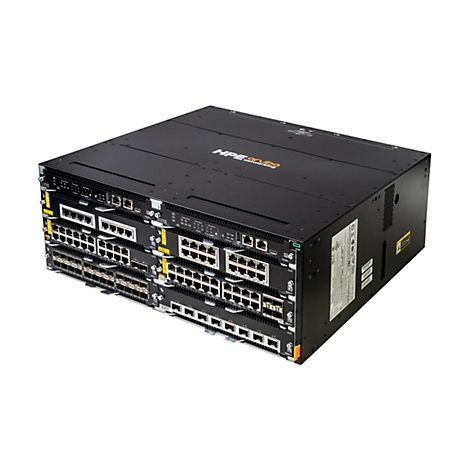 Schwarzer Netzwerk-Switch von HPE Aruba mit mehreren Ports und der Bezeichnung 'HPE Aruba networking'.