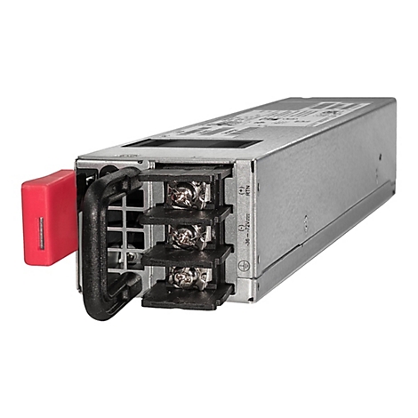 Ein silberner Stromversorger mit schwarzem Griff, rotem Stecker und Schraubklemmen. Beschriftung: +, -, RTN.