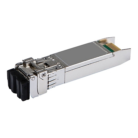 Metallfarbener SFP-Transceiver. Silbernes Gehäuse mit schwarzem Stecker, grüne Platine sichtbar.