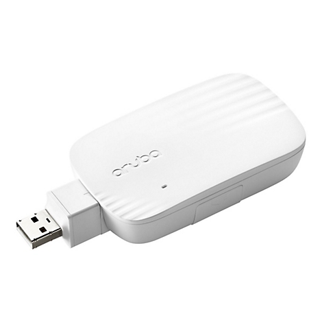 Weißer Aruba USB-Adapter mit strukturiertem Gehäuse vor weißem Hintergrund.