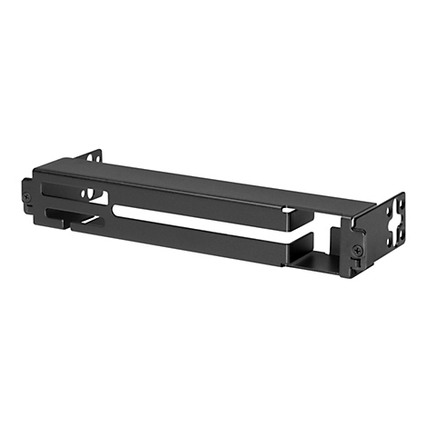 Schwarzer Metallhalter mit Löchern und Schrauben, vor weißem Hintergrund.