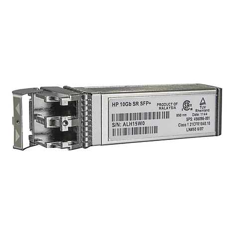 Module HP 10Gb SR SFP+ argentée avec inscriptions et code-barres.