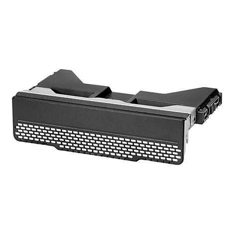 Schwarzes Metallteil mit Lochmuster und silbernen Akzenten.