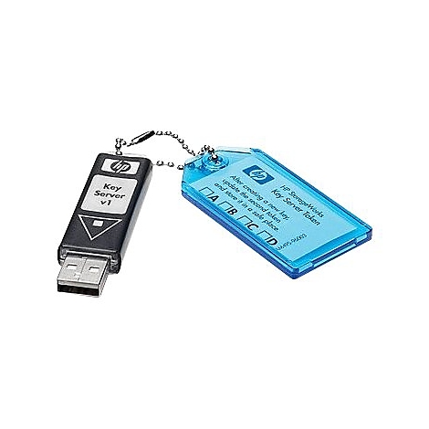 Ein schwarzer USB-Stick mit 'Key Server v1' und ein blauer Schlüsselanhänger mit 'HP StorageWorks Key Server Token'.