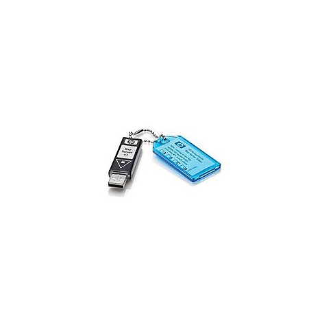 Ein schwarzer USB-Stick mit der Aufschrift 'Key Server v3' und ein blaues, transparentes Anhänger-Tag.
