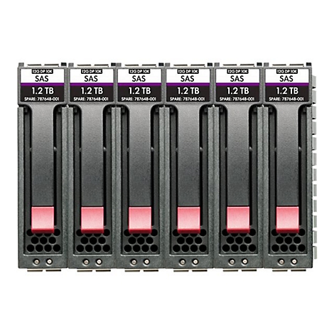 Sechs Festplatten im Server-Format. Jede Festplatte hat einen schwarzen Rahmen, einen roten Bereich und weiße Beschriftungen: "12G DP 10K SAS 1.2 TB".