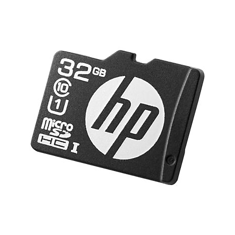 Schwarze HP Micro-SD-Karte mit weißem Logo und Schriftzügen, 32 GB.