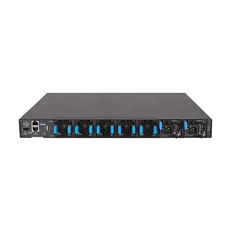 Ein schwarzer Netzwerk Switch mit blauen Lüftern und Anschlüssen. Der Switch ist mit der Aufschrift „FlexFabric 5944 Switch JL836A“ versehen.