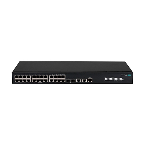 Schwarzer HPE 5140 EI Netzwerk-Switch vor weißem Hintergrund mit 24 Ports und vier SFP+ Anschlüssen.