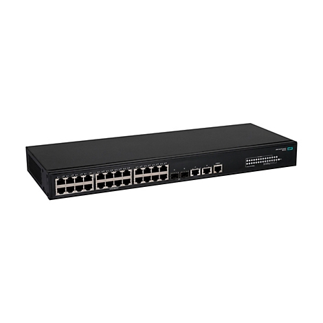 Schwarzer HPE 5140 EI Netzwerk-Switch mit 24 Ports und Statusanzeigen vor weißem Hintergrund.