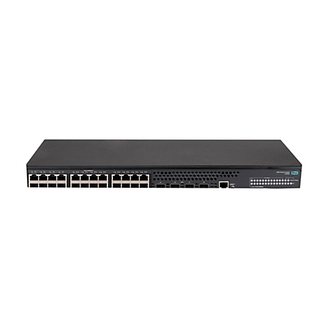 HPE 5140 EI Switch JL828A Vorderansicht mit 24 Netzwerkanschlüssen und vier SFP+ Ports auf schwarzem Hintergrund.