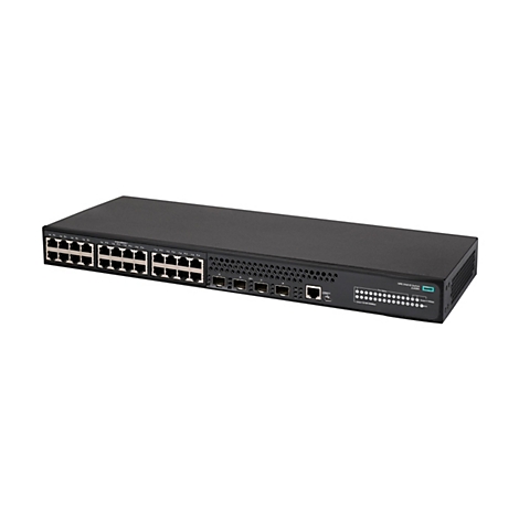 Schwarzer HPE 5140 EI Netzwerk-Switch in Frontansicht mit zahlreichen Ports und Status-LEDs auf weißem Grund.
