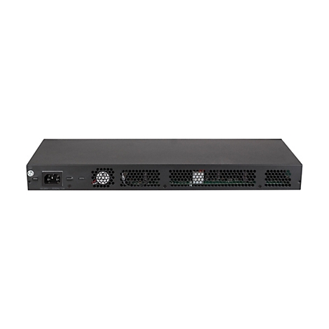 Rückansicht eines schwarzen Netzwerk-Switches mit Kaltgerätestecker-Anschluss und Belüftungsgittern.