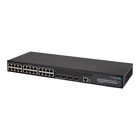 Ein schwarzer Netzwerk-Switch mit zahlreichen Anschlüssen und Anzeigen. Die Beschriftung 'HPE 5140 EI Switch JL828A' ist sichtbar.