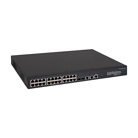 Schwarzer HPE 5140 EI Netzwerk-Switch in einer 19-Zoll-Gehäuseansicht.