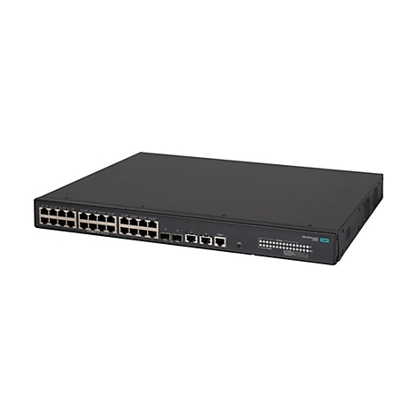 Schwarzer HPE 5140 EI Netzwerk-Switch in einer 19-Zoll Gehäuseform vor weißem Hintergrund.