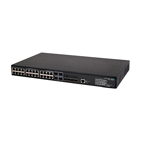 Schwarzer HPE 5140 EI Netzwerk-Switch vor weißem Hintergrund mit zahlreichen LAN- und SFP-Ports.