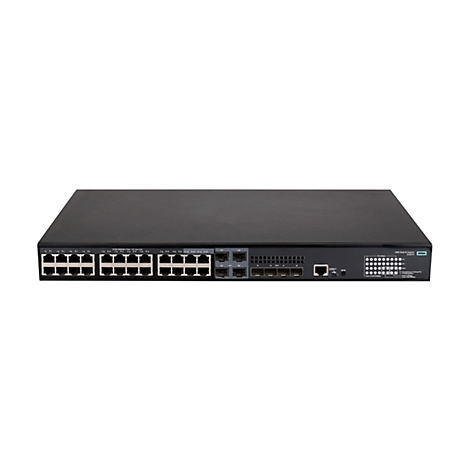 Schwarzer HPE 5140 EI Switch Netzwerk-Switch mit 24 Ethernet-Ports und 4 SFP+-Uplink-Ports auf weißem Grund.