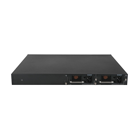 Schwarzer Netzwerk-Switch, Ansicht von vorne. Auf der Rückseite befinden sich Anschlüsse und Lüfter. Auf der Vorderseite ein Erdungssymbol.