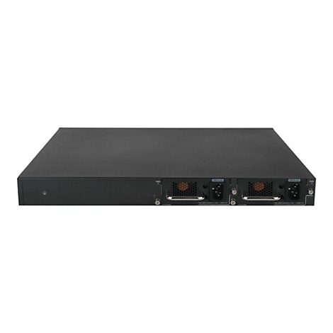 Schwarzer Netzwerk-Switch, mit Lüftern und Stromanschlüssen.