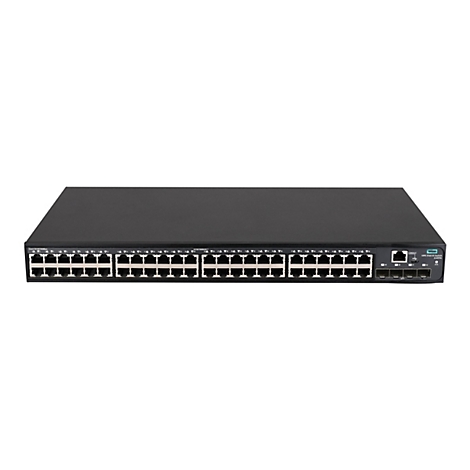 Schwarzer HPE 5140 EI Netzwerk-Switch mit 48 LAN-Ports und 4 SFP-Anschlüssen vor weißem Hintergrund.