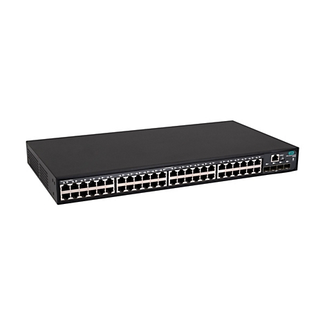Schwarzer HPE 5140 EI Netzwerk-Switch in Frontansicht mit zahlreichen Ethernet- und SFP+-Ports auf weißem Hintergrund.