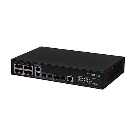 Schwarzer HPE 5140 EI Netzwerk-Switch mit verschiedenen RJ45- und SFP-Anschlüssen vor weißem Hintergrund.