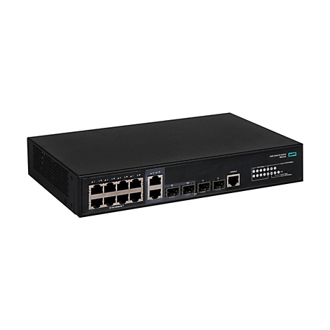 Schwarzer HPE 5140 EI Netzwerk-Switch in einer Frontalansicht auf weißem Hintergrund.