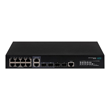 Ein schwarzer HPE 5140 EI Switch. Die Vorderseite zeigt Anschlüsse, Anzeigen und Konsolenports. Auf dem Gerät steht "HPE 5140 EI Switch R8J42A".