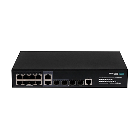 Schwarzer HPE 5140 EI Netzwerk-Switch auf weißem Hintergrund mit RJ45-Ports und Status-LEDs.