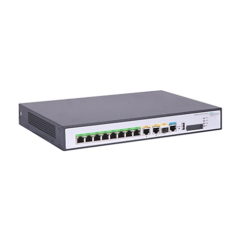 HPE MSR958 Router in grauem Metallgehäuse mit zahlreichen Netzwerkanschlüssen auf weißem Hintergrund.