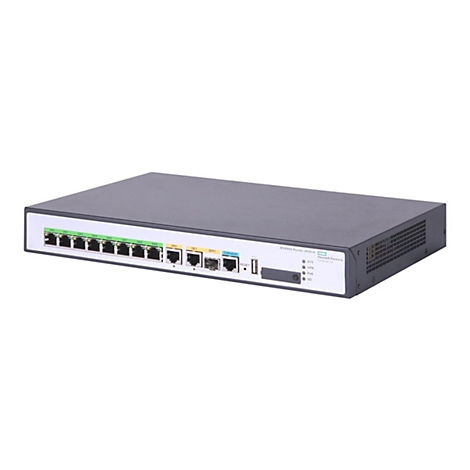 HPE MSR958 Router auf weißem Hintergrund mit zahlreichen LAN-Anschlüssen und Status-LEDs.