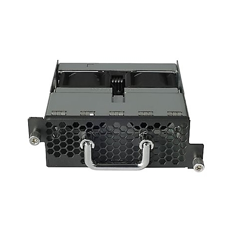 Lüftereinheit für Server-Rack mit schwarzem Wabengitter und Metallgriff vor grauem Gehäuse.