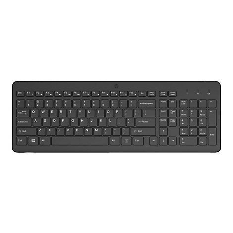 Schwarze HP-Tastatur in Draufsicht mit QWERTZ-Layout und separatem Ziffernblock auf hellem Hintergrund.