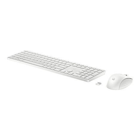 Weißes, kabelloses HP Tastatur- und Maus-Set mit USB-Empfänger vor weißem Hintergrund.