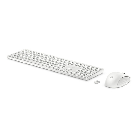 Weißes, kabelloses HP Tastatur- und Maus-Set mit kleinem USB-Empfänger auf weißem Hintergrund.