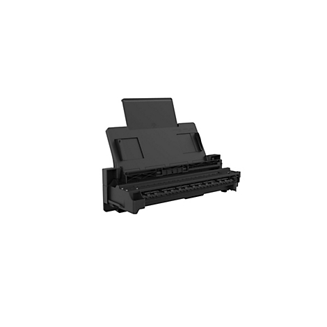 Schwarze Scanvorrichtung. Offener Deckel, Beschriftung auf der Innenseite. Detailaufnahme.