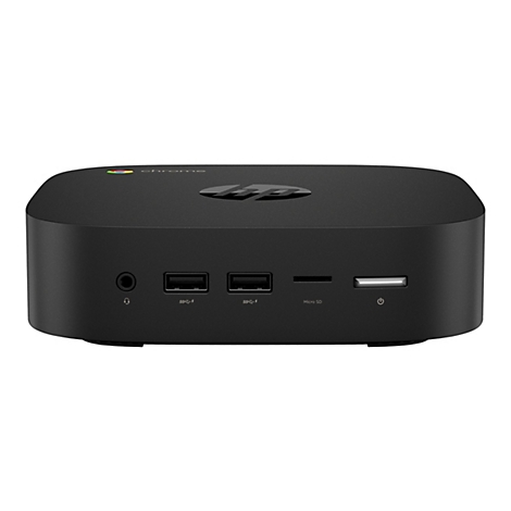 Schwarzer HP Chromebox Mini-PC; Oberseite mit Chrome-Logo; Frontansicht mit Anschlüssen für Kopfhörer, USB und Micro SD. Rechts Ein-/Aus-Taste.