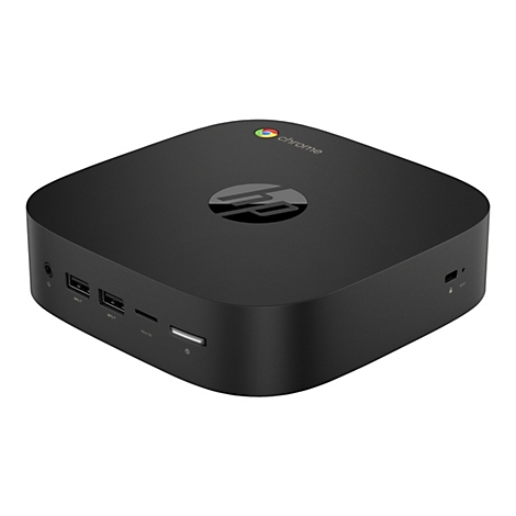Schwarzer HP Chrome Mini-PC. Oben: Logo, Chrome-Logo. Front: USB-Ports, Micro SD-Port. Seite: Reset-Knopf.