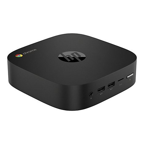 Schwarzer HP Chrome Mini-PC; vorne Anschlüsse, Logo oben rechts.