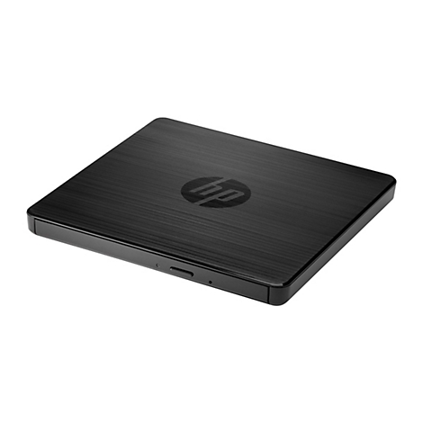 Schwarzes HP DVD-Laufwerk; Oberfläche gebürstet, HP-Logo in der Mitte.