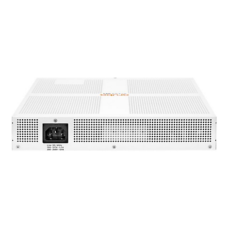 Un appareil réseau blanc avec des trous de ventilation, un connecteur d'alimentation et des étiquettes. La marque est Aruba.