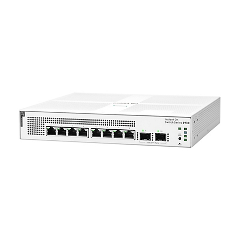 Un commutateur réseau blanc Instant On Switch Series 1930 avec plusieurs ports et LED. Texte : 1GbE SFP+ Ports.