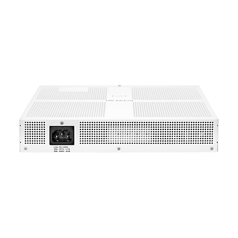 Vue arrière d'un appareil réseau blanc. Connecteur d'alimentation noir, spécifications techniques en dessous. Dessus et côtés perforés.